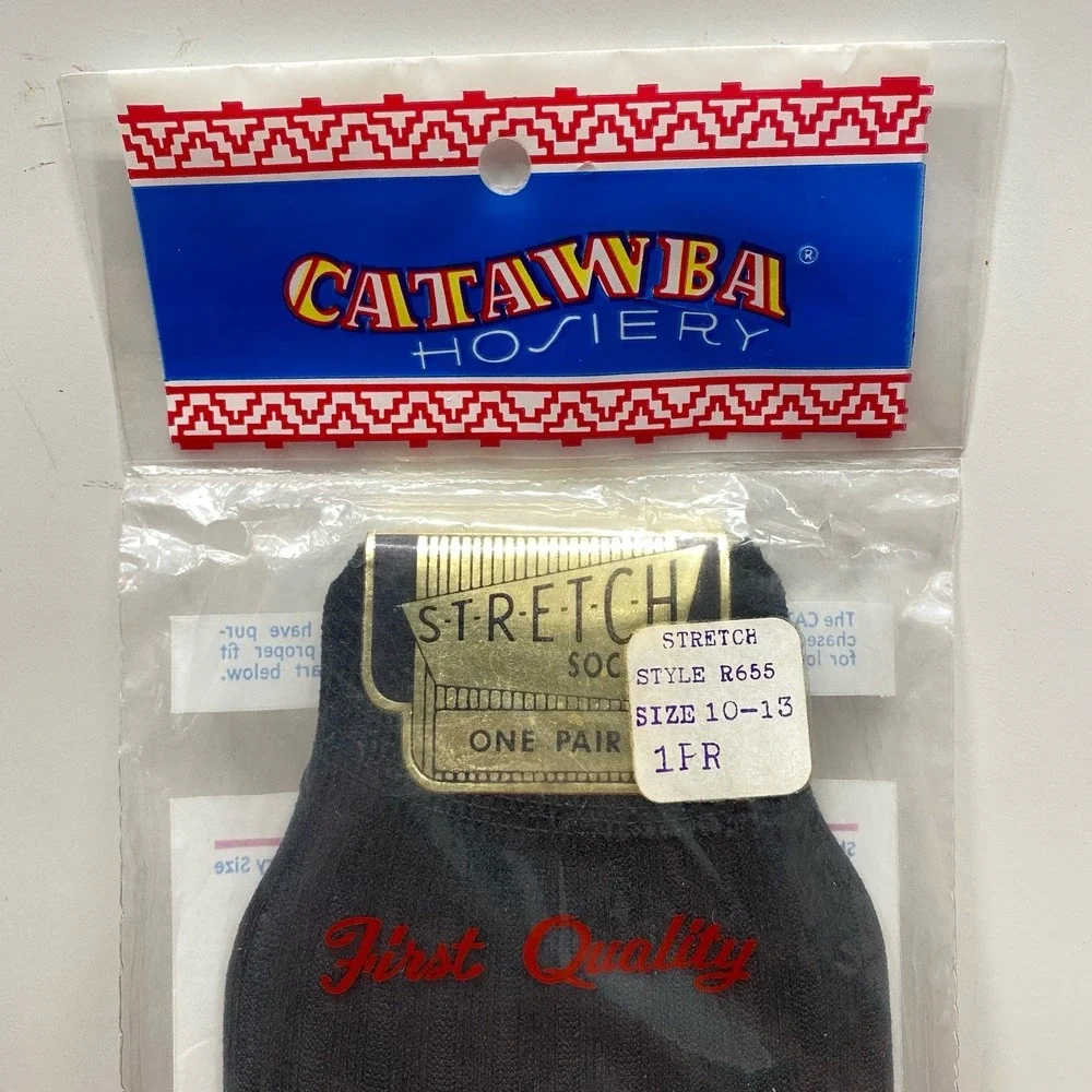 NOS Catawba Hosiery Stretch Socks Black One Pair 100% Nylon 9.5 to 13 USA Sealed